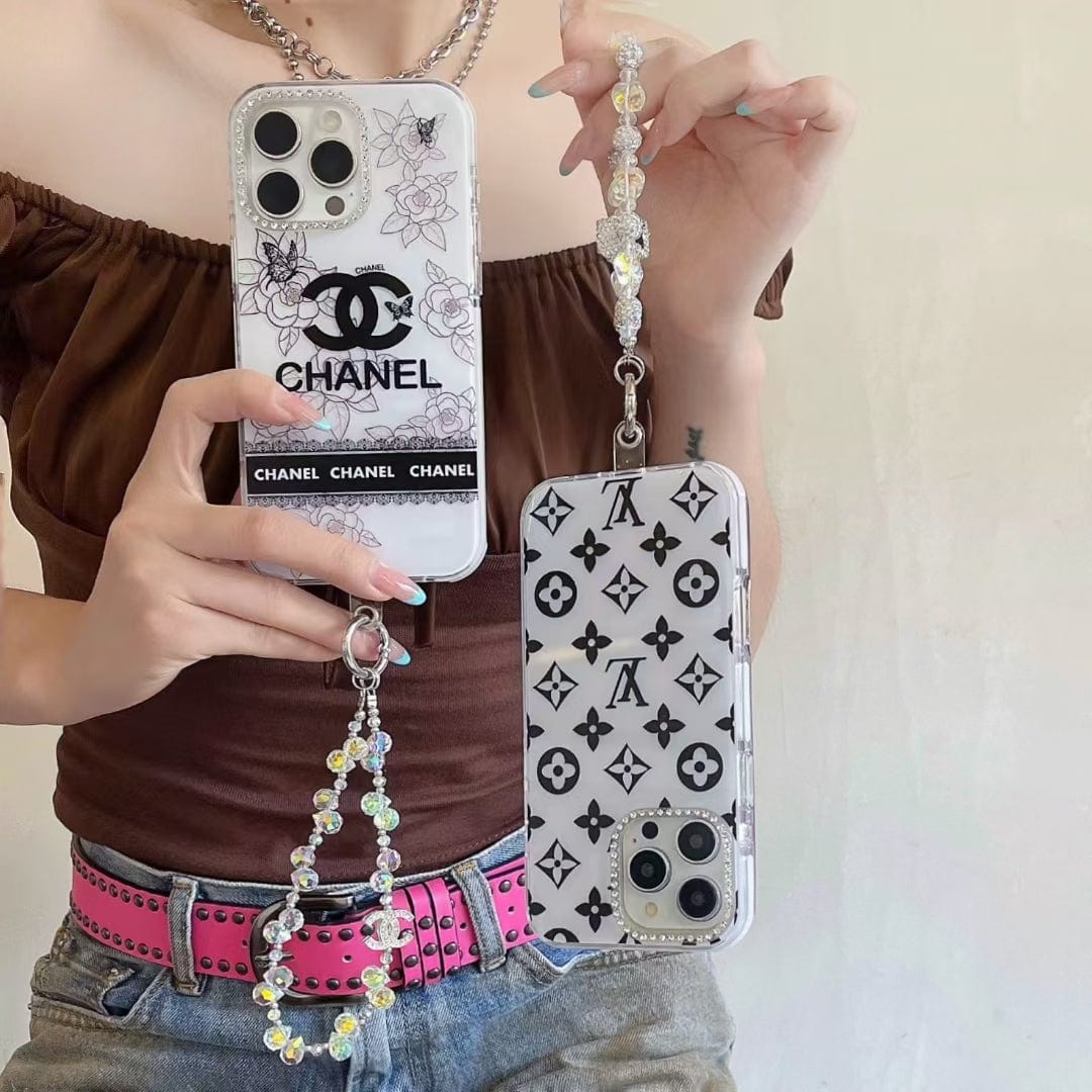 HypedEffects Luxury Monochrome iPhone Case Set – louis vuitton & cc Inspired with Beaded Strap