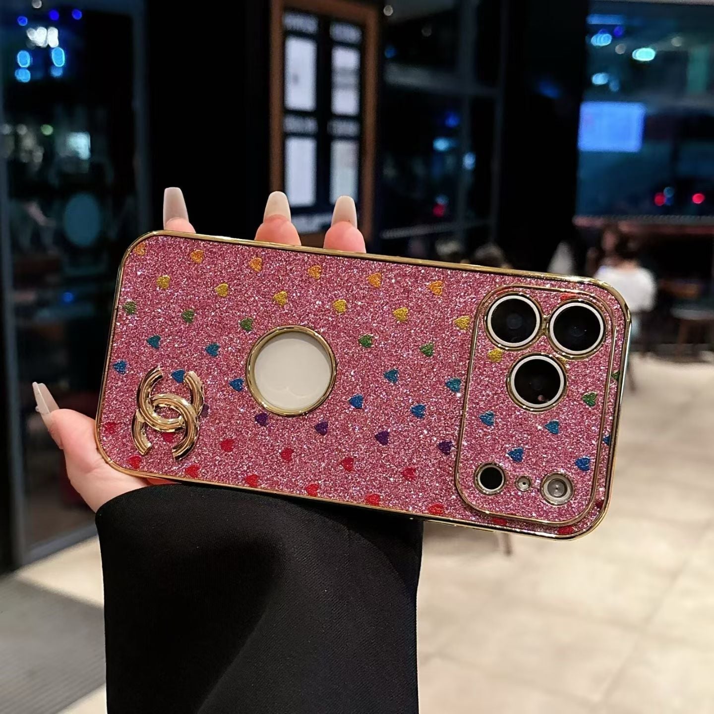 cc Glitter Heart Luxury Phone Case for iPhone 17 with Iconic Double-C Logo