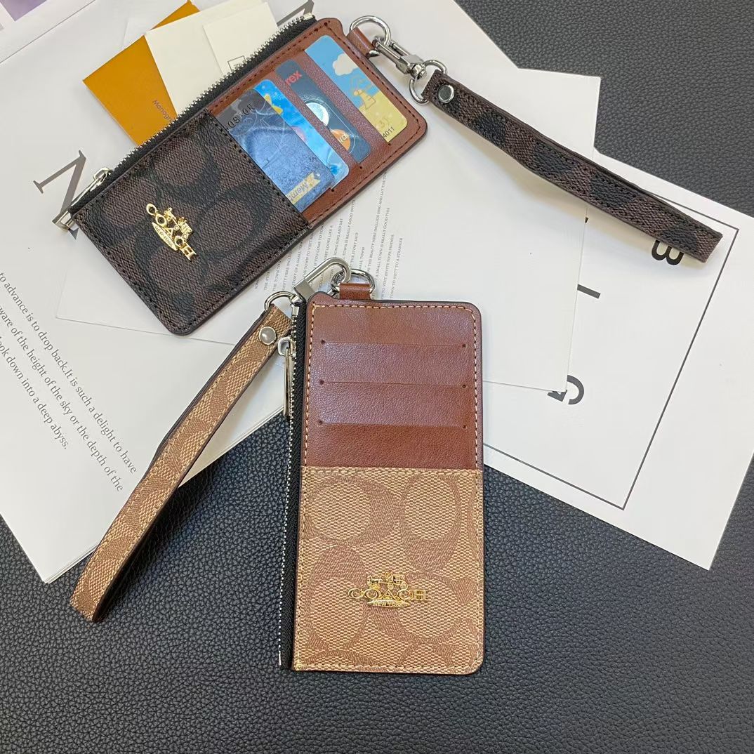 Coach Signature Zip Card Holder Wallet with Wrist Strap Compact Luxury Card Case