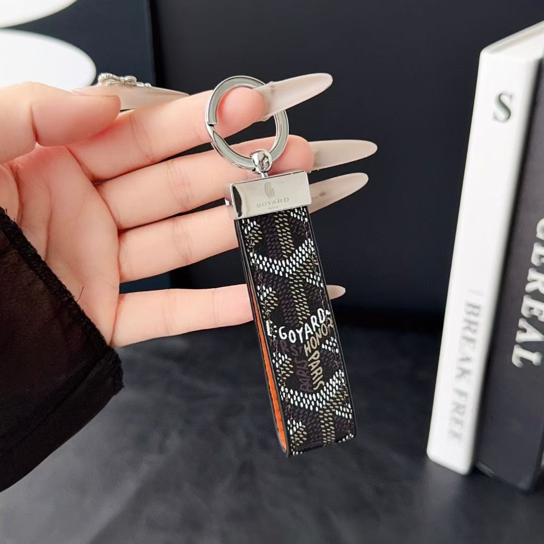 Goyard Signature Canvas Keychain with Leather Strap Luxury Designer Key Holder Available in 7 Colors