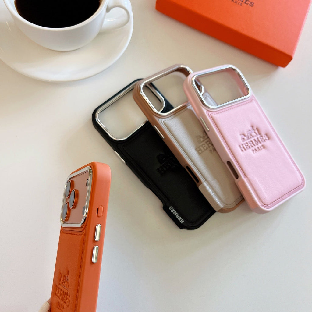Hermes Leather Wallet Phone Case with Card Holder for iPhone 13 to iPhone 17 Pro Max