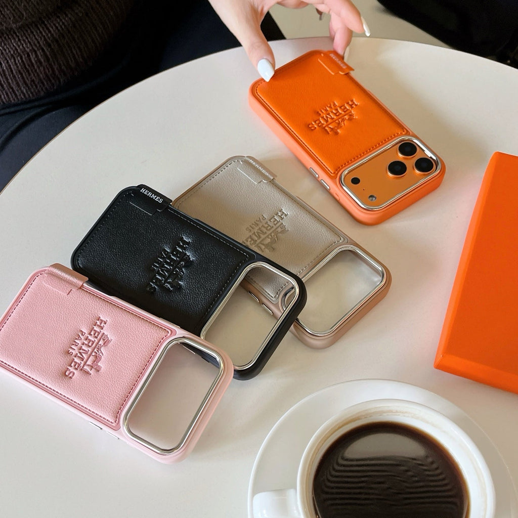 Hermes Leather Wallet Phone Case with Card Holder for iPhone 13 to iPhone 17 Pro Max