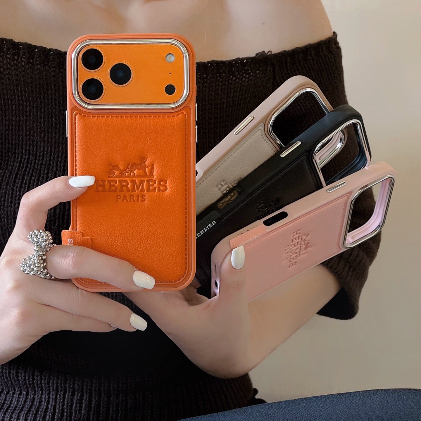 Hermes Leather Wallet Phone Case with Card Holder for iPhone 13 to iPhone 17 Pro Max