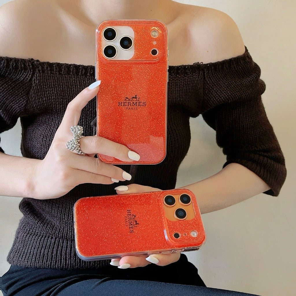 Hermes Glitter Clear Phone Case for iPhone 13 to iPhone 17 Pro Max Luxury Designer Back Cover