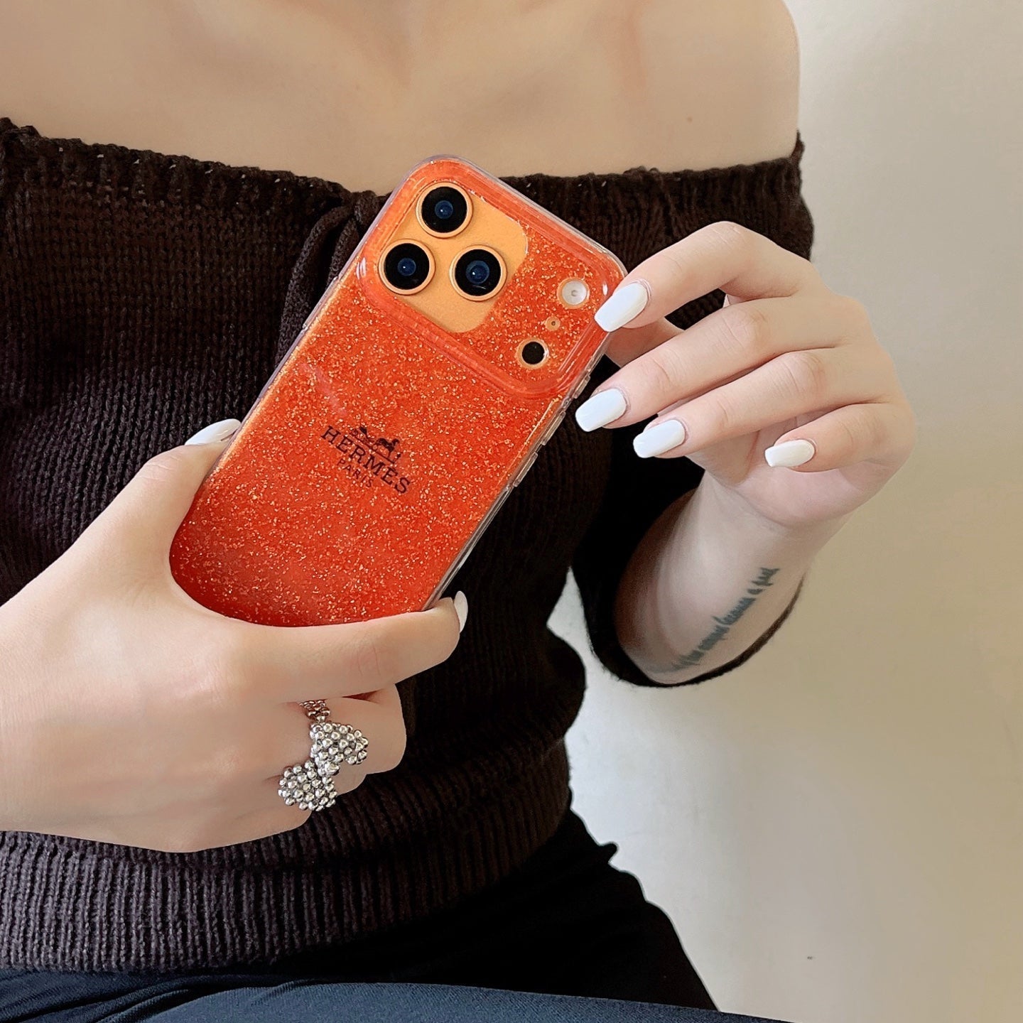 Hermes Glitter Clear Phone Case for iPhone 13 to iPhone 17 Pro Max Luxury Designer Back Cover