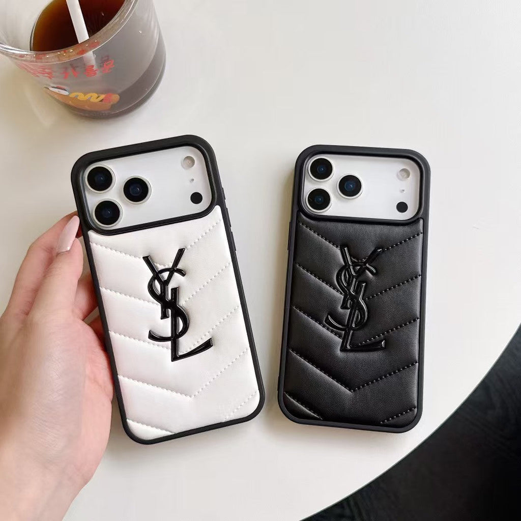 Yves Saint Laurent Quilted Logo Luxury Case for iPhone 13 to 17 Pro Max