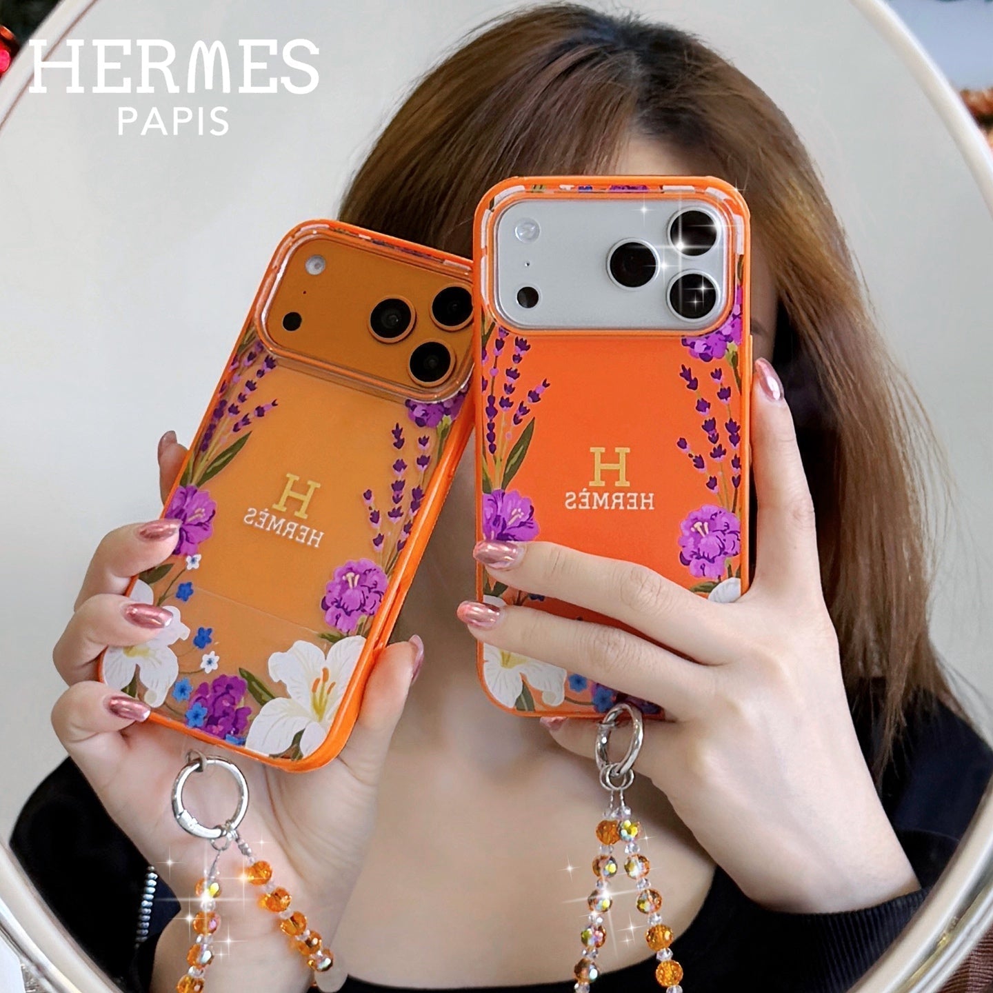 Hermes Floral Signature Case with Wrist Charm for iPhone 13 to 17 Pro Max