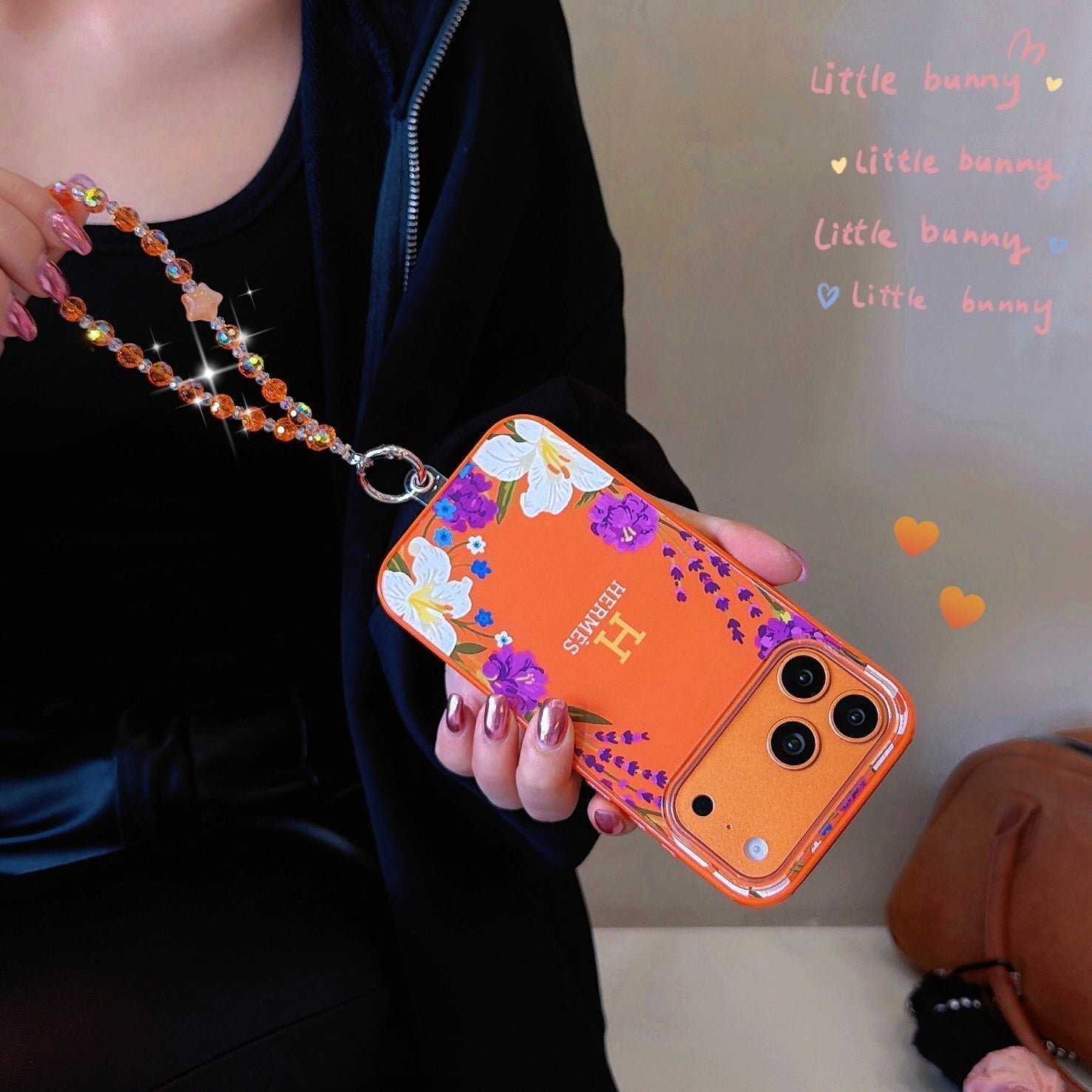 Hermes Floral Signature Case with Wrist Charm for iPhone 13 to 17 Pro Max