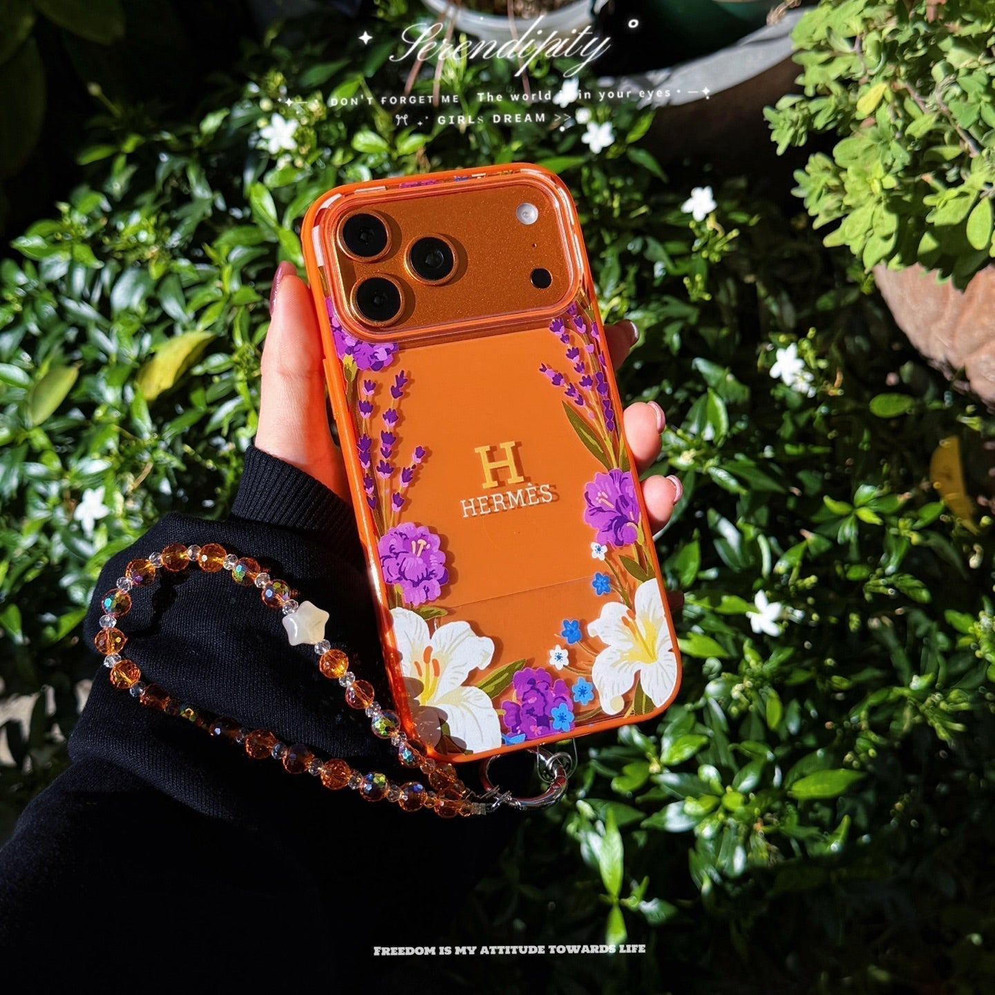 Hermes Floral Signature Case with Wrist Charm for iPhone 13 to 17 Pro Max