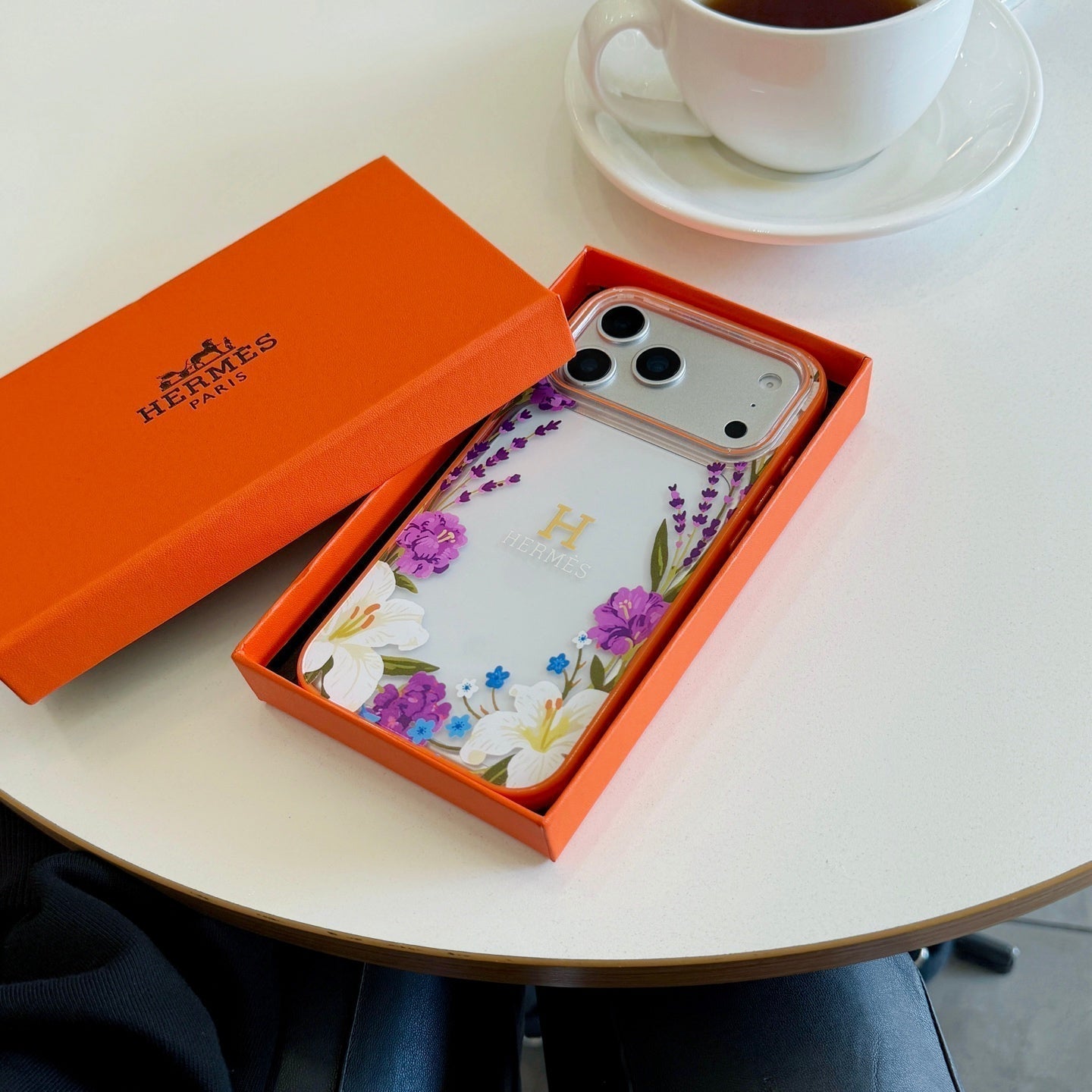 Hermes Floral Signature Case with Wrist Charm for iPhone 13 to 17 Pro Max