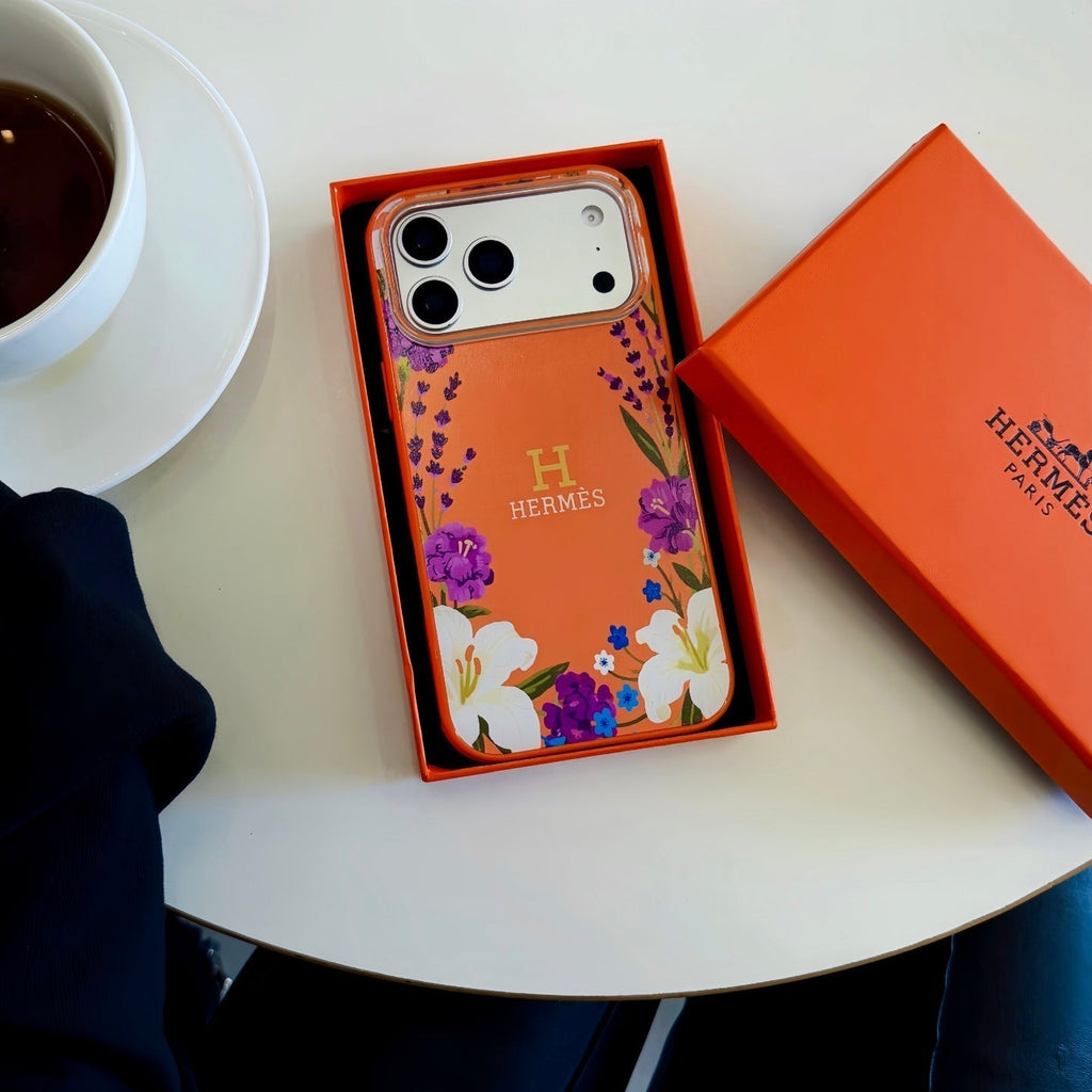 Hermes Floral Signature Case with Wrist Charm for iPhone 13 to 17 Pro Max