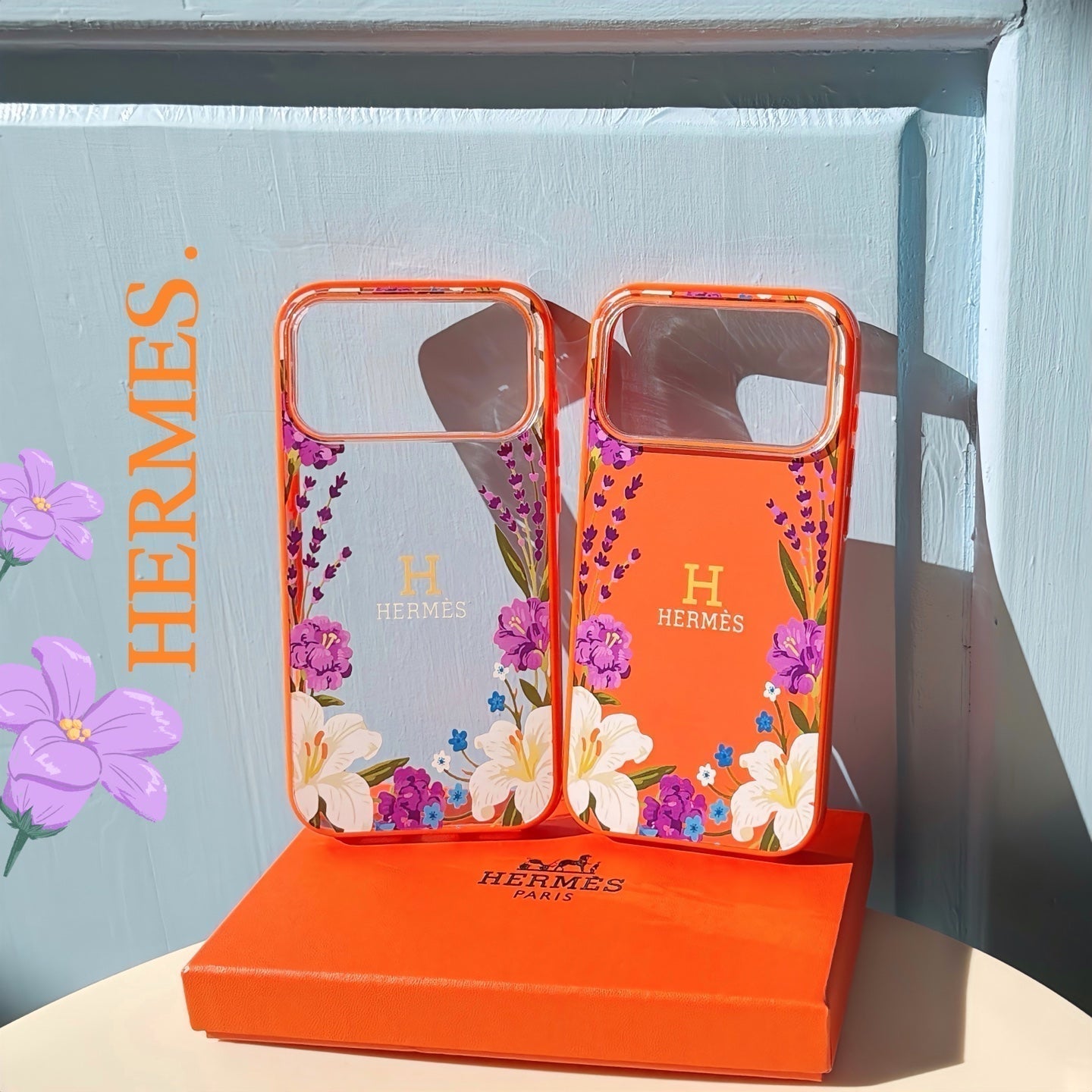 Hermes Floral Signature Case with Wrist Charm for iPhone 13 to 17 Pro Max