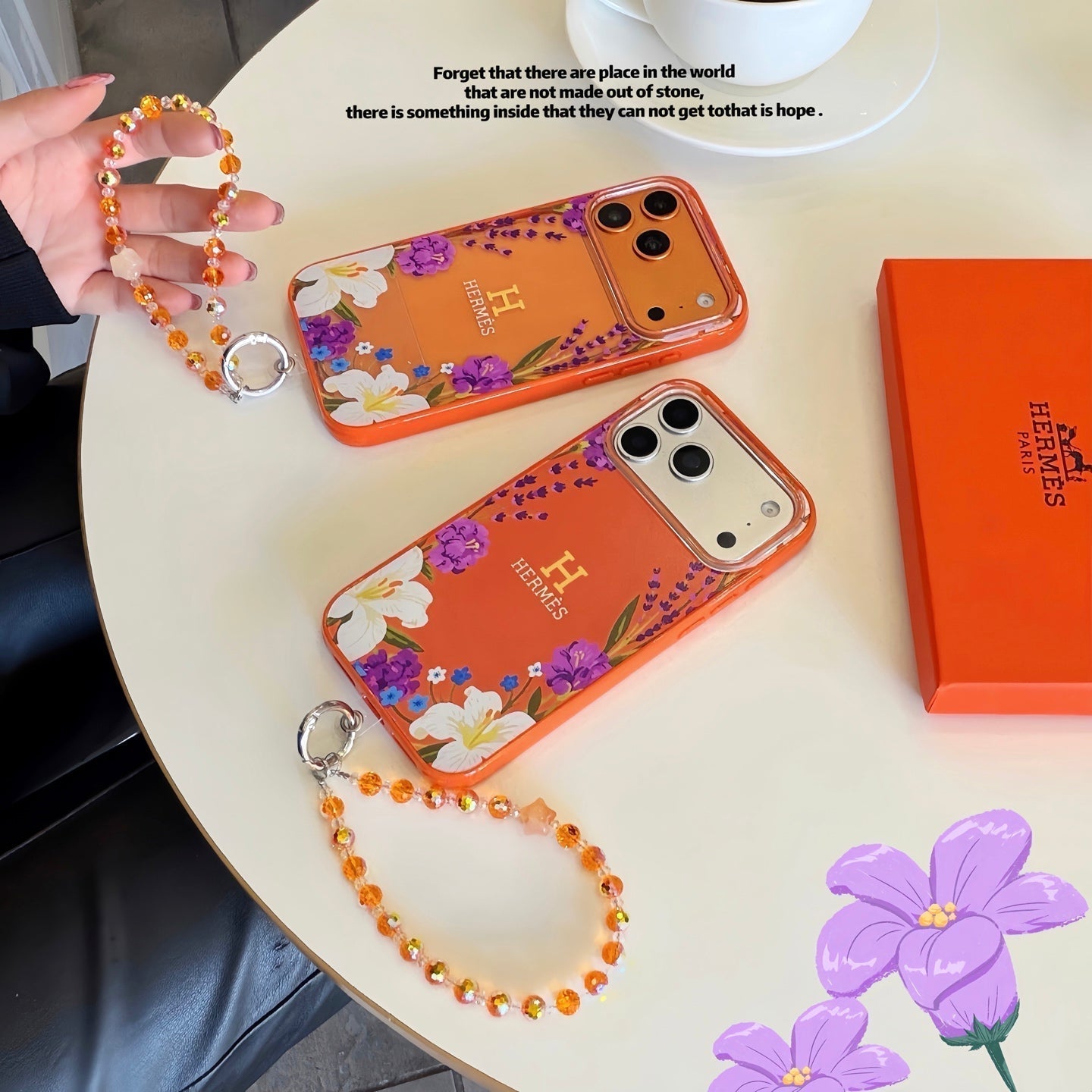 Hermes Floral Signature Case with Wrist Charm for iPhone 13 to 17 Pro Max