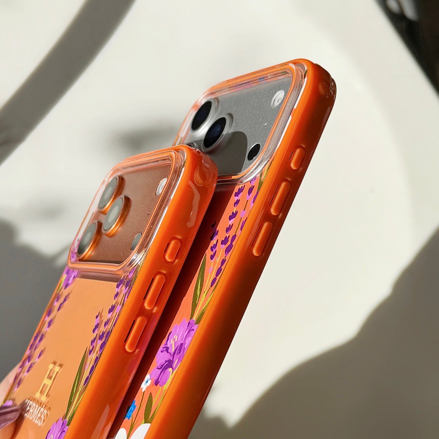 Hermes Floral Signature Case with Wrist Charm for iPhone 13 to 17 Pro Max