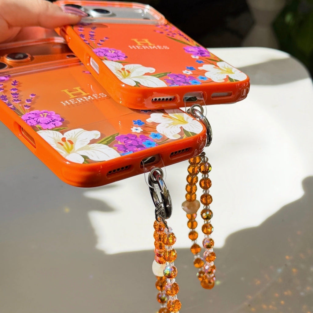Hermes Floral Signature Case with Wrist Charm for iPhone 13 to 17 Pro Max