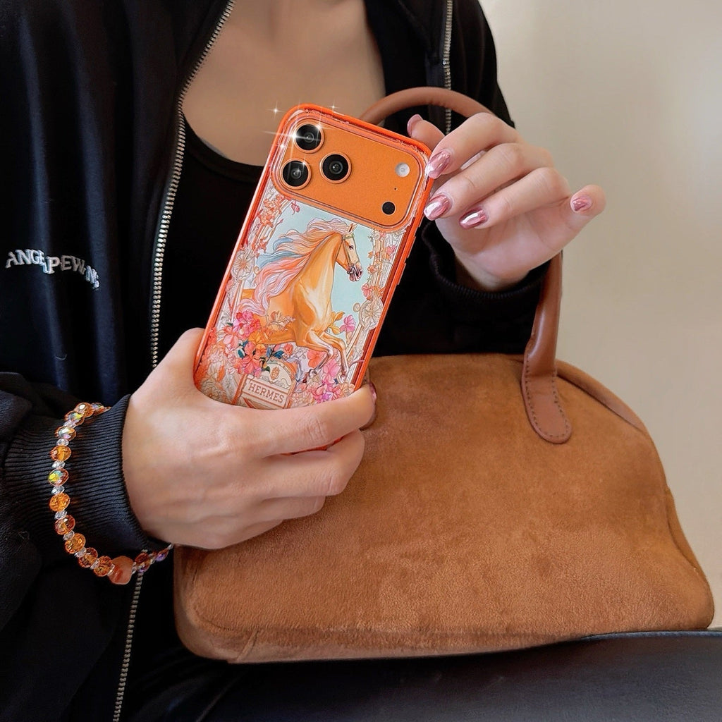 Hermès Horse Art Orange Designer iPhone Case with Wrist Chain Descript