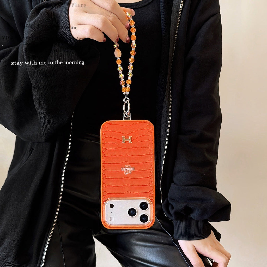 Hermès Horse Art Orange Designer iPhone Case with Wrist Chain Descript