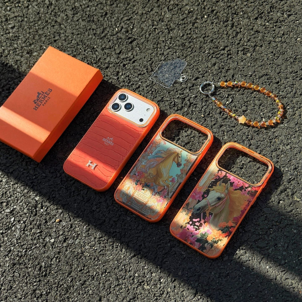 Hermès Horse Art Orange Designer iPhone Case with Wrist Chain Descript
