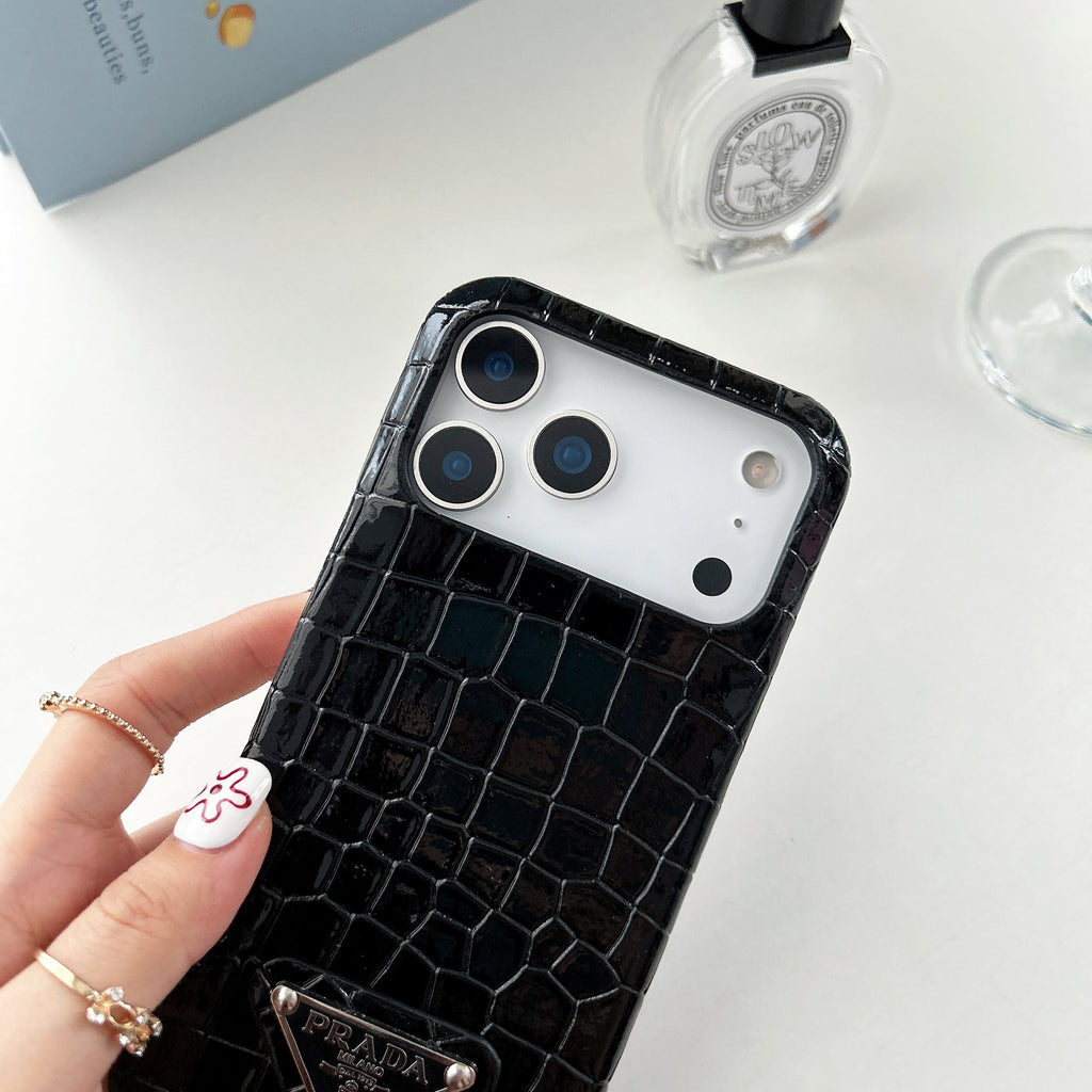 Prada Crocodile-Embossed Phone Case for iPhone 17 with Iconic Metal Triangle Logo