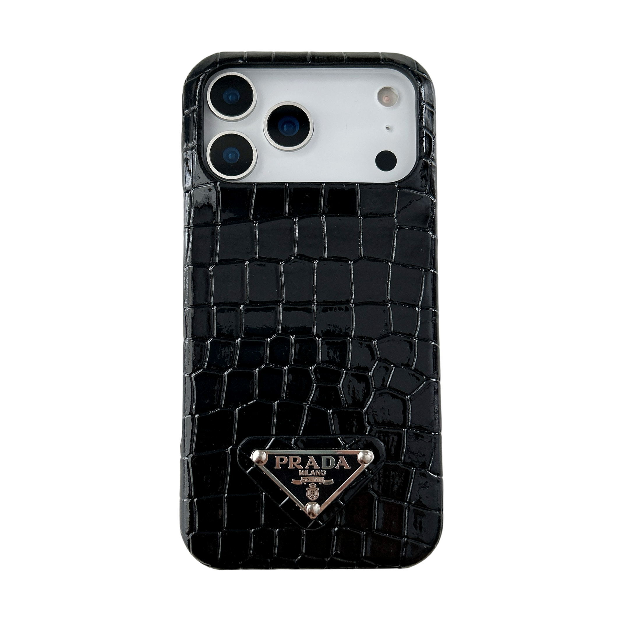 Prada Crocodile-Embossed Phone Case for iPhone 17 with Iconic Metal Triangle Logo