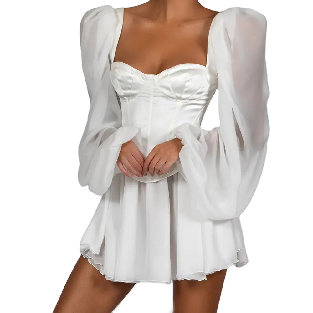 White Chiffon Bodycon Dress – Lantern Sleeves, Elegant Fit