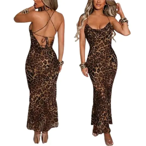 Leopard Print Maxi Dress – V-Neck, Spaghetti Strap, Y2K Style