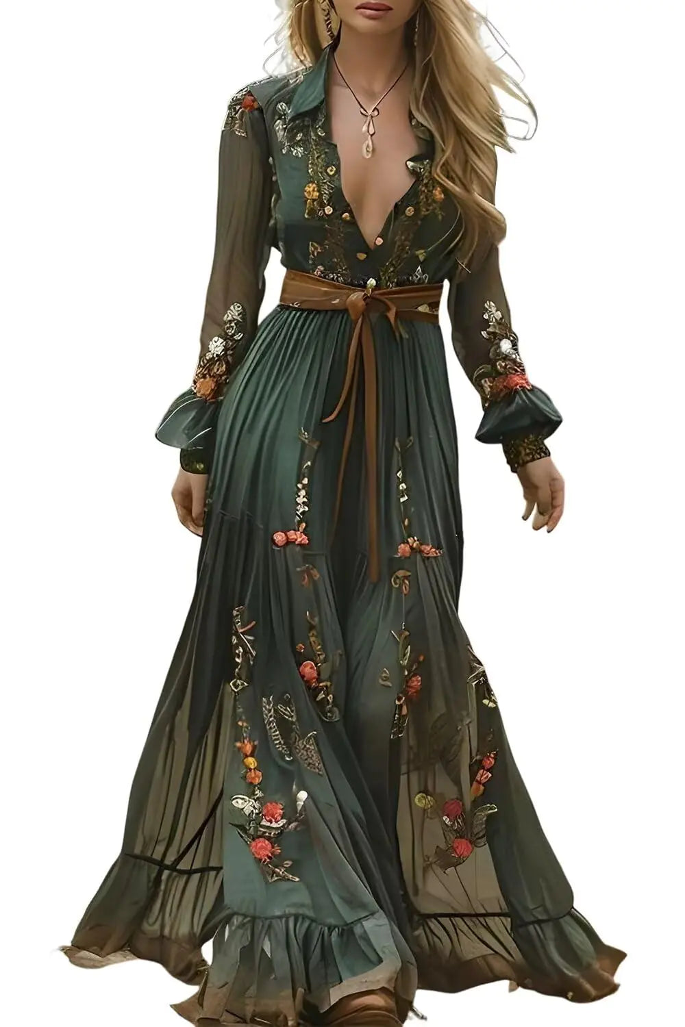 Boho Cotton Maxi Dress – Green, Long Sleeve, Elegant & Casual
