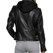 Women's Black Café Racer Jacket with Removable Hood