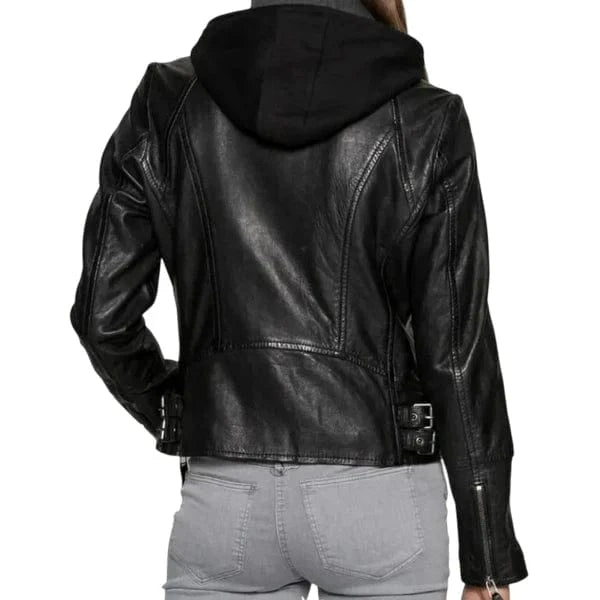 Women's Black Café Racer Jacket with Removable Hood