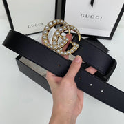 HypedEffects Elegant Black Gucci Leather Belt - Embellished Louis Vuitton Buckle
