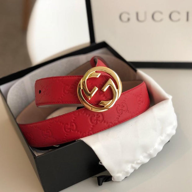 HypedEffects Gucci Red Leather Belt with Golden Gucci Buckle