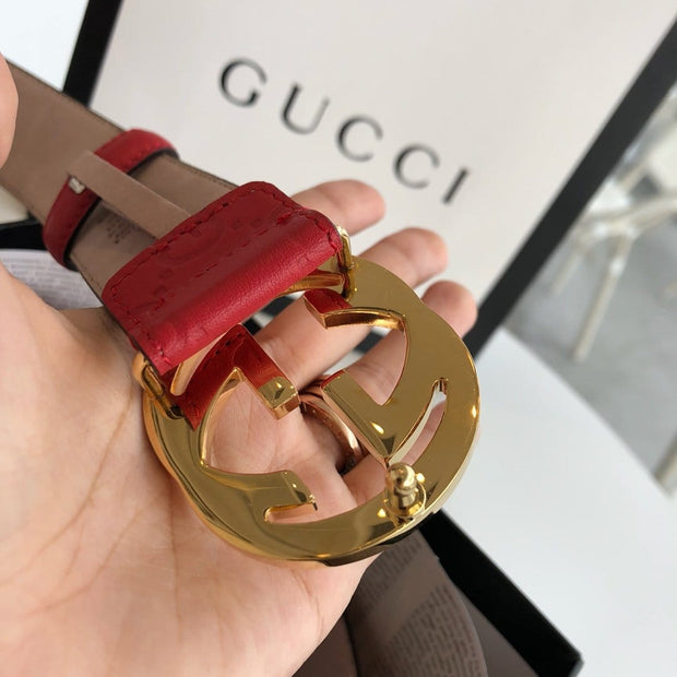 HypedEffects Gucci Red Leather Belt with Golden Gucci Buckle
