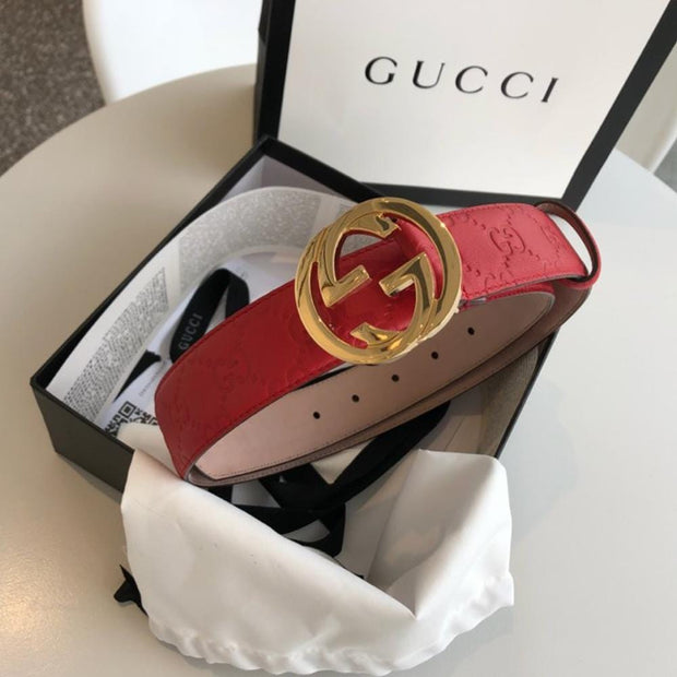 HypedEffects Gucci Red Leather Belt with Golden Gucci Buckle