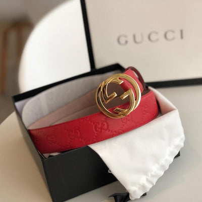 HypedEffects Gucci Red Leather Belt with Golden Gucci Buckle