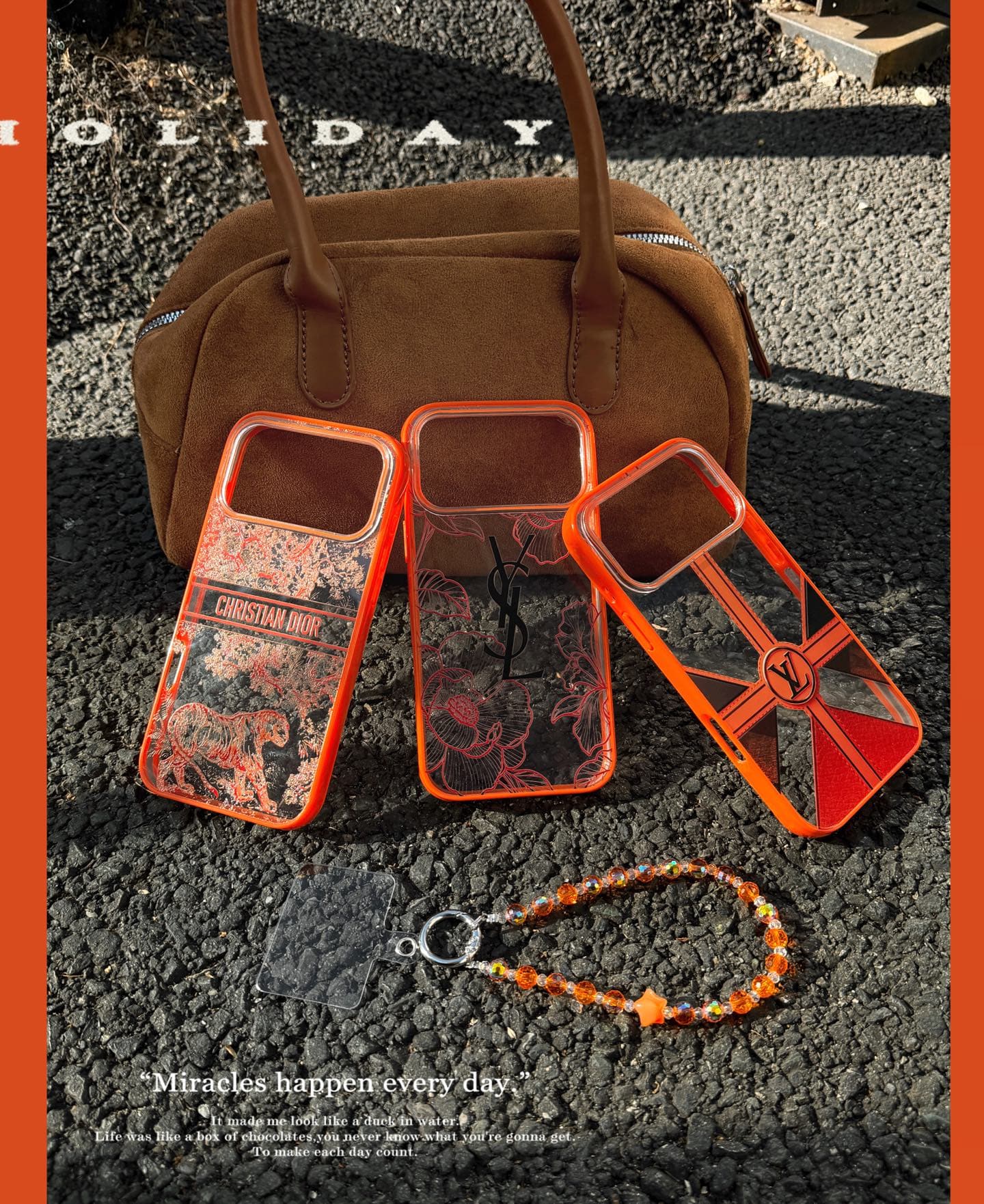 HypedEffects louis vuitton and Dior Orange Aesthetic Wrist Chain Case for iPhone 14 to 17 Pro Max