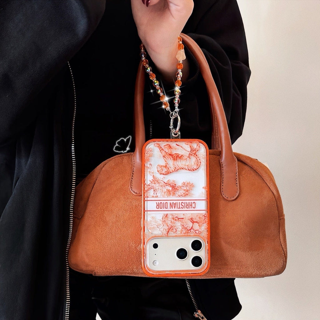 HypedEffects louis vuitton and Dior Orange Aesthetic Wrist Chain Case for iPhone 14 to 17 Pro Max