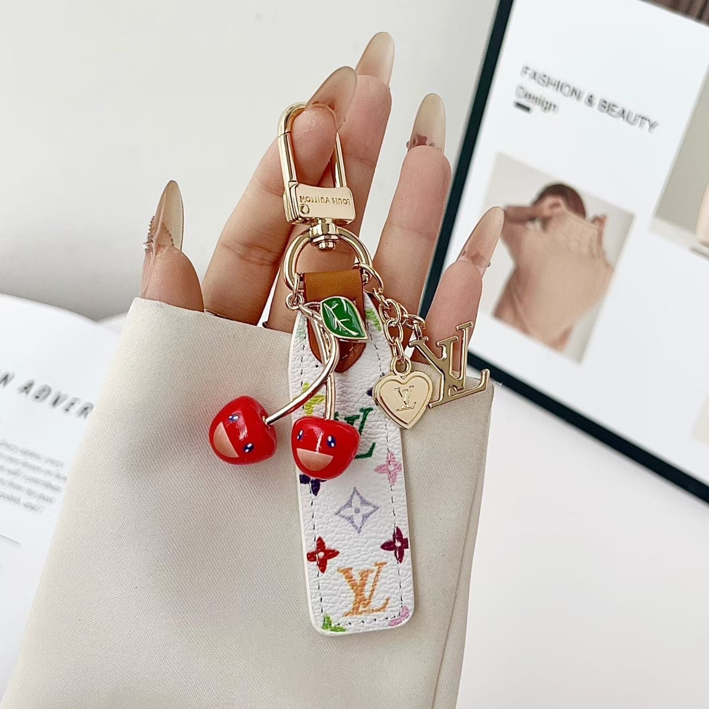 HypedEffects louis vuitton Cherry Charm Keychain with Monogram Leather Strap Luxury Designer Bag and Key Accessory