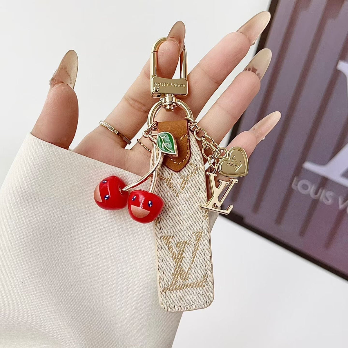 HypedEffects louis vuitton Cherry Charm Keychain with Monogram Leather Strap Luxury Designer Bag and Key Accessory
