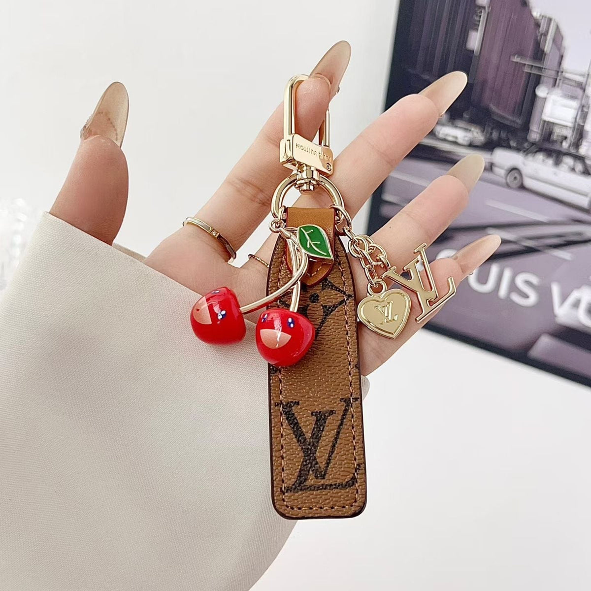HypedEffects louis vuitton Cherry Charm Keychain with Monogram Leather Strap Luxury Designer Bag and Key Accessory