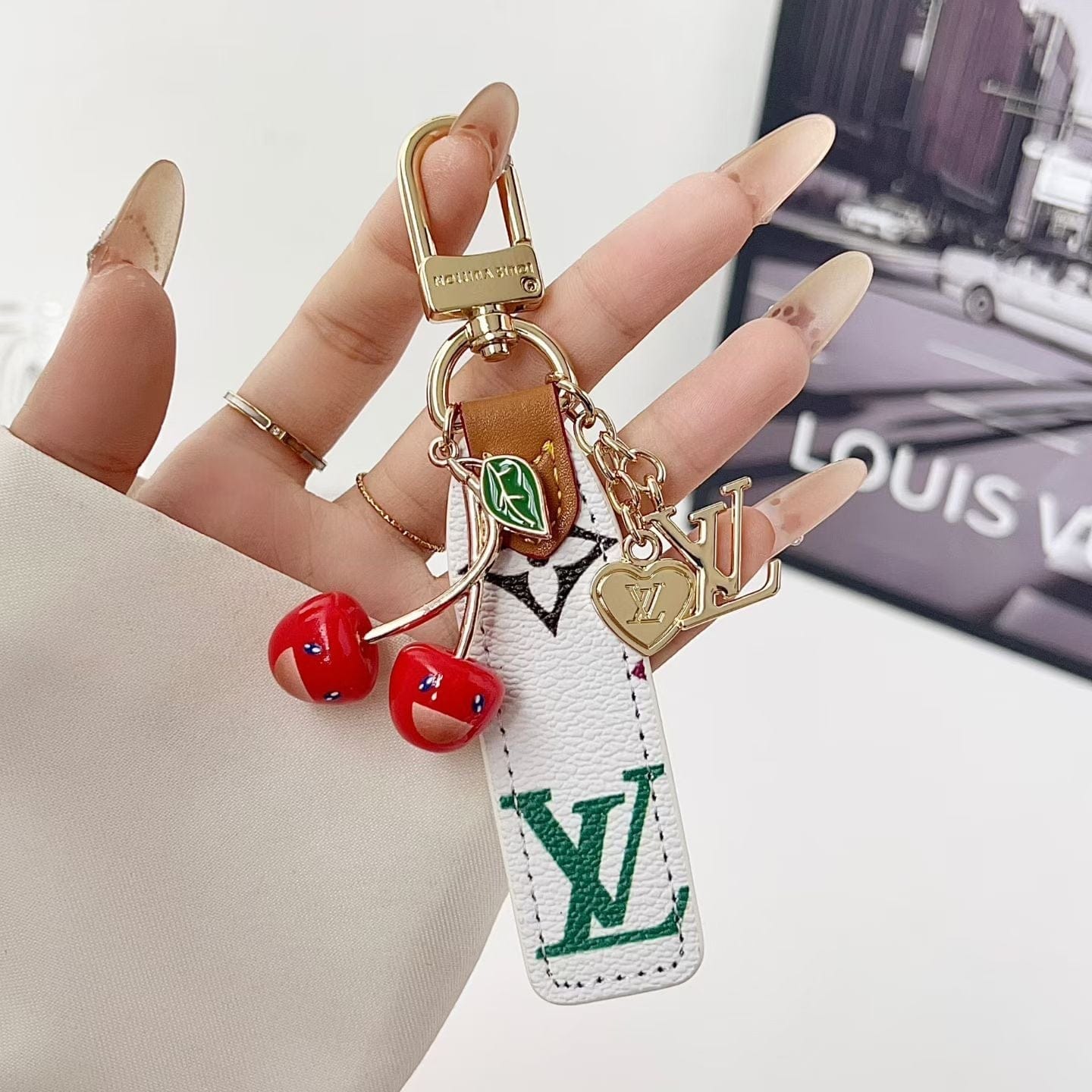 HypedEffects louis vuitton Cherry Charm Keychain with Monogram Leather Strap Luxury Designer Bag and Key Accessory