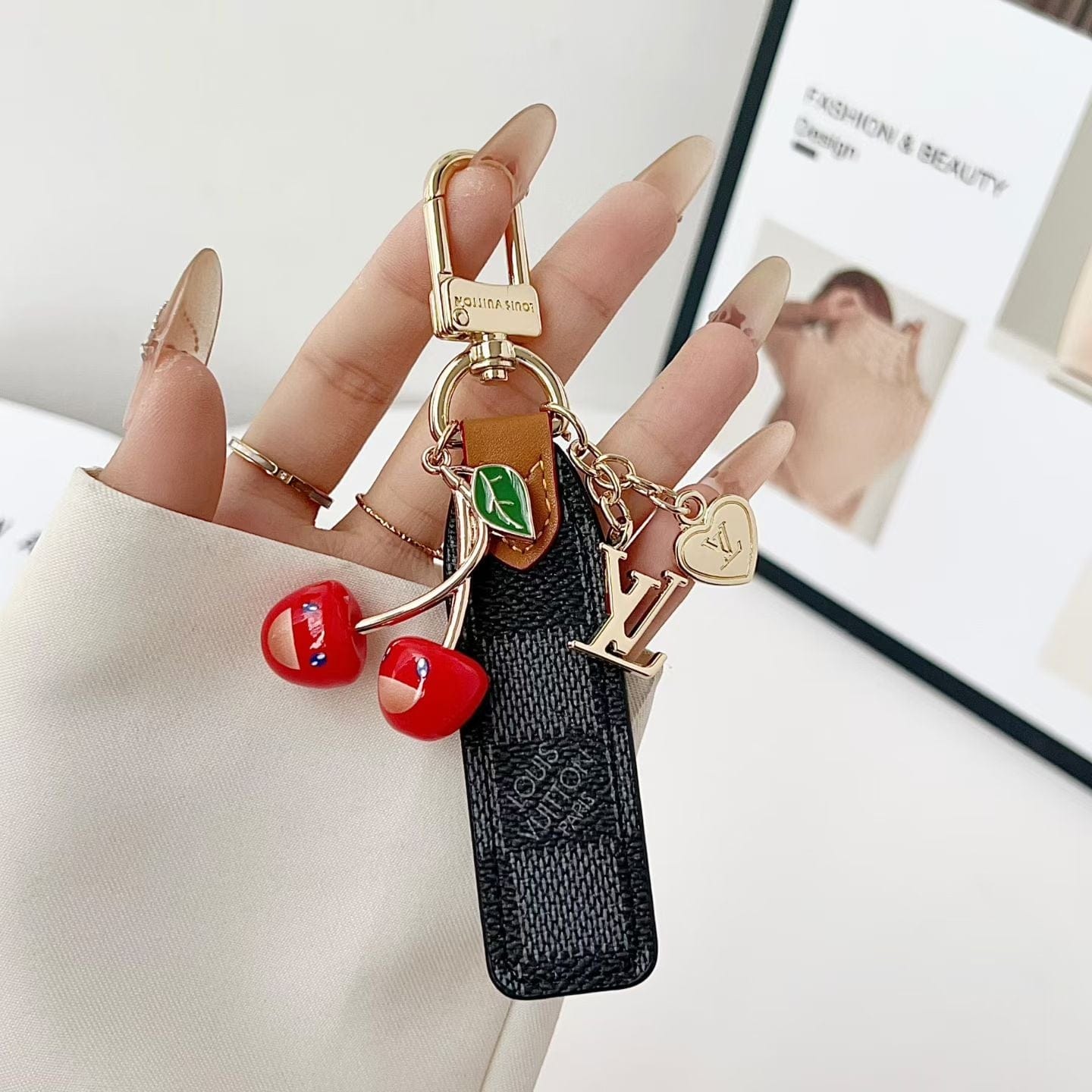 HypedEffects louis vuitton Cherry Charm Keychain with Monogram Leather Strap Luxury Designer Bag and Key Accessory