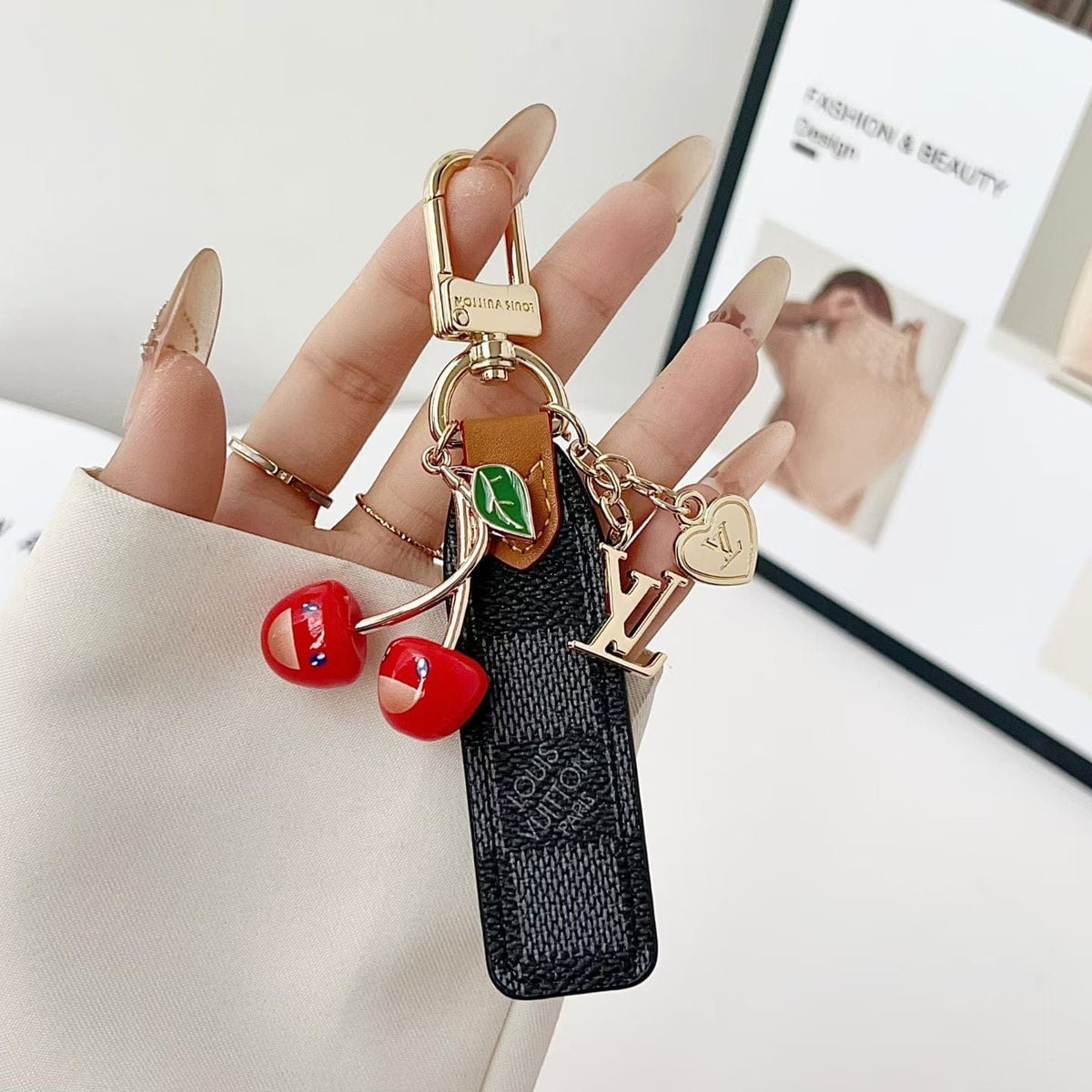 HypedEffects louis vuitton Cherry Charm Keychain with Monogram Leather Strap Luxury Designer Bag and Key Accessory