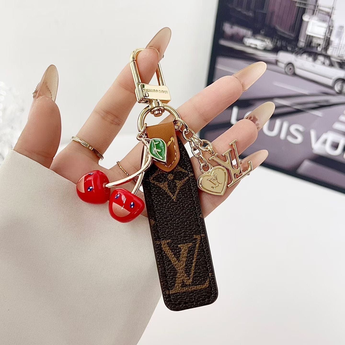 HypedEffects louis vuitton Cherry Charm Keychain with Monogram Leather Strap Luxury Designer Bag and Key Accessory