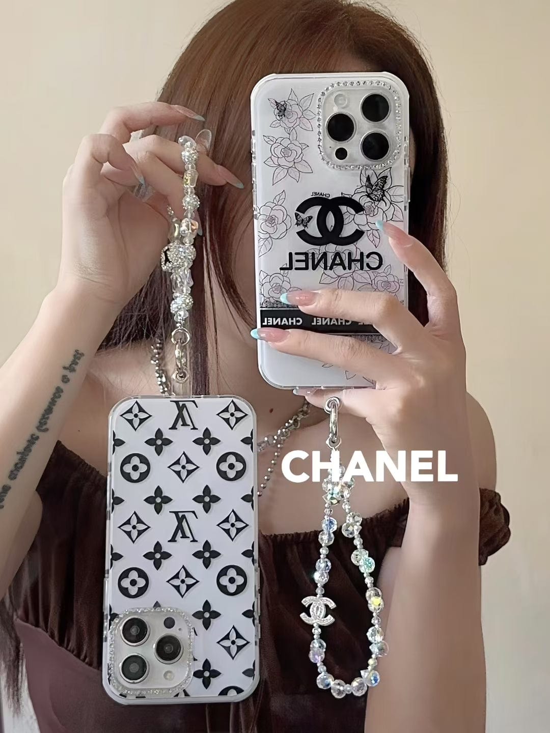 HypedEffects Luxury Monochrome iPhone Case Set – louis vuitton & cc Inspired with Beaded Strap
