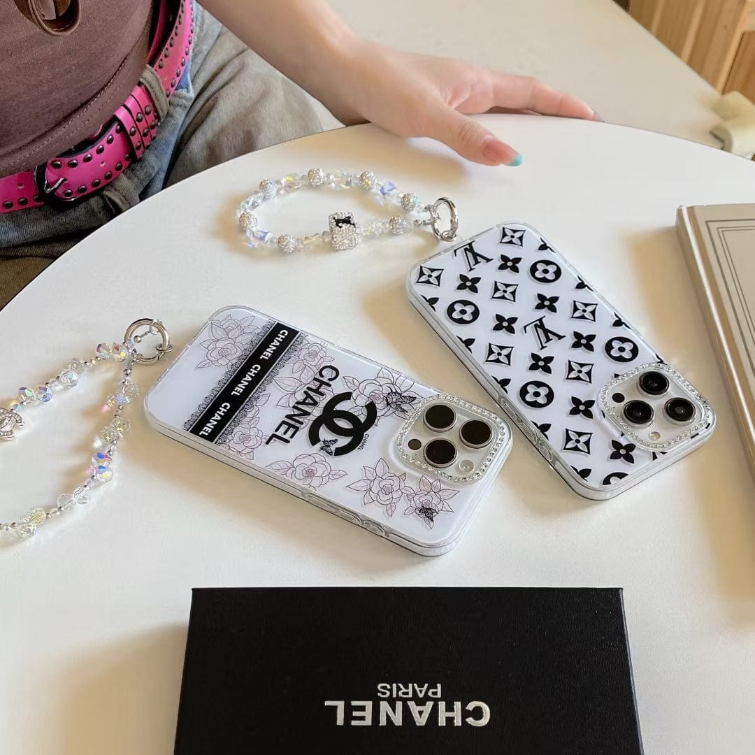 HypedEffects Luxury Monochrome iPhone Case Set – louis vuitton & cc Inspired with Beaded Strap
