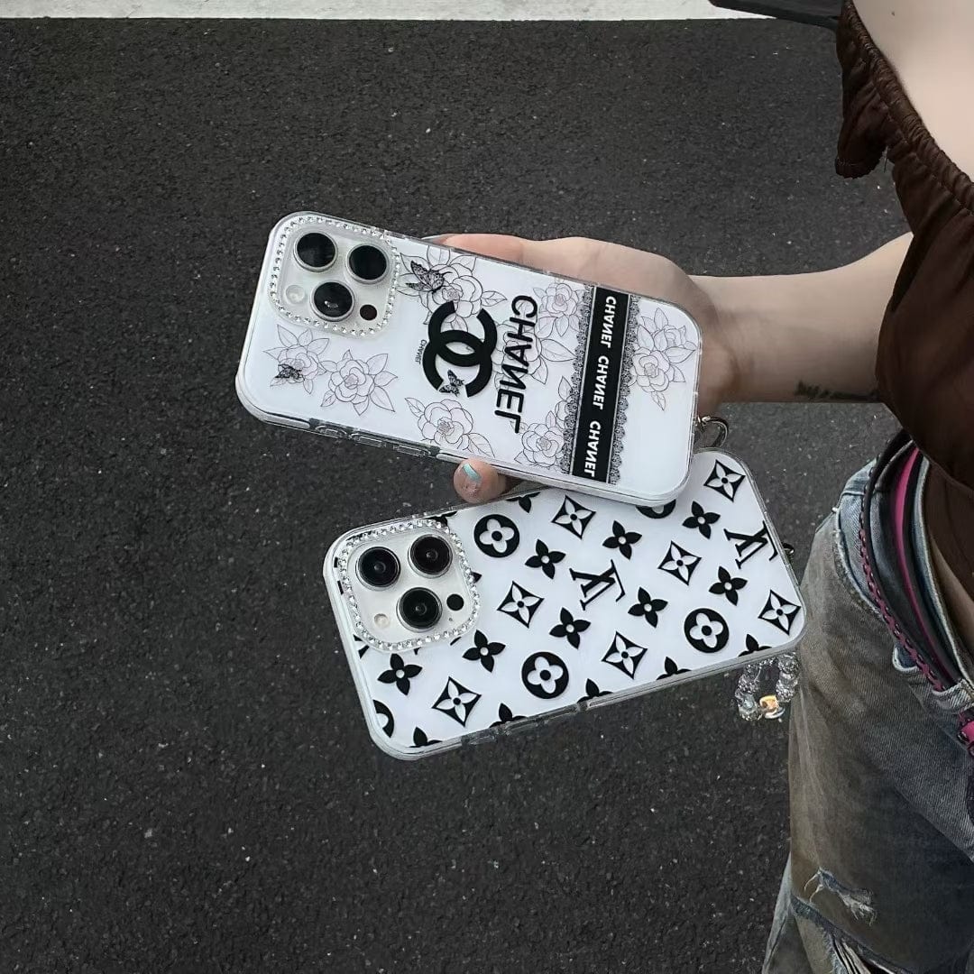 HypedEffects Luxury Monochrome iPhone Case Set – louis vuitton & cc Inspired with Beaded Strap