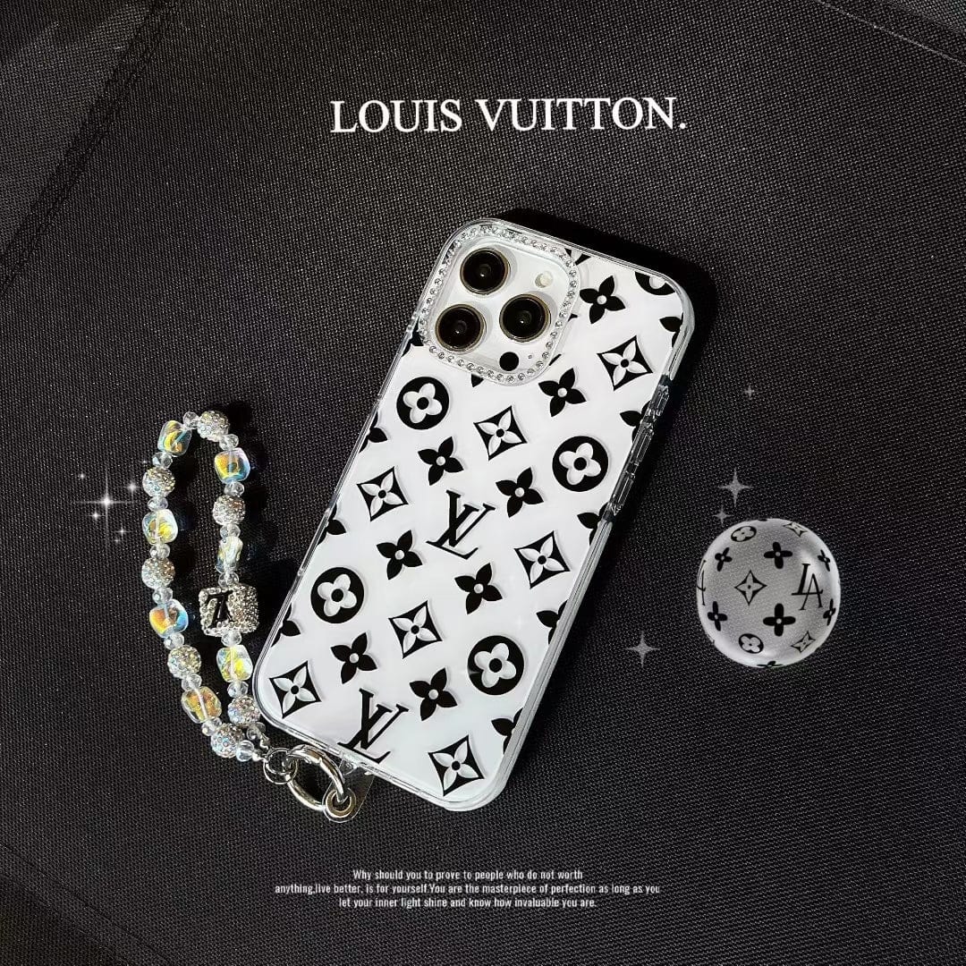 HypedEffects Luxury Monochrome iPhone Case Set – louis vuitton & cc Inspired with Beaded Strap