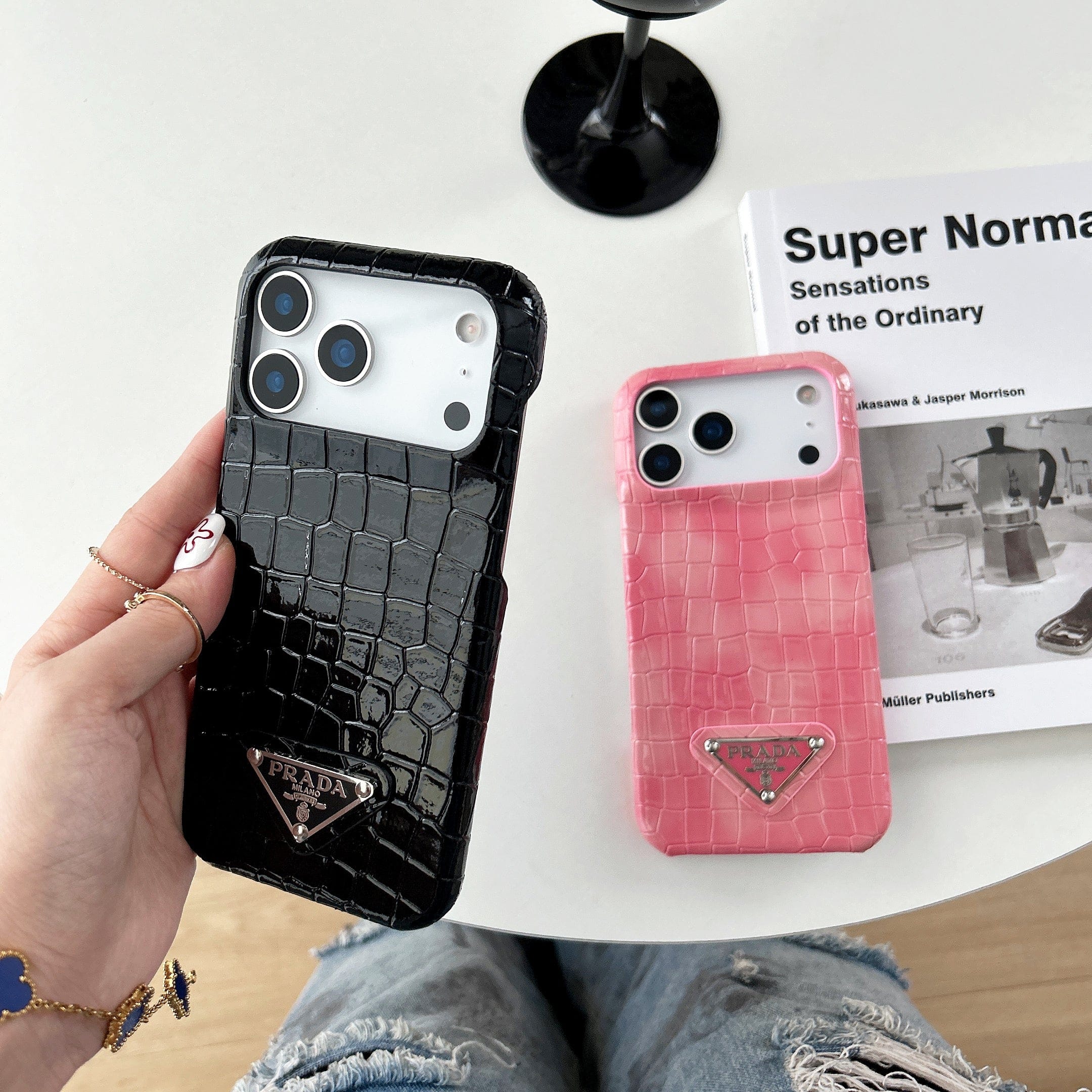 HypedEffects Prada Crocodile-Embossed Phone Case for iPhone 17 with Iconic Metal Triangle Logo