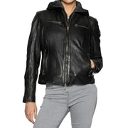 Women's Black Café Racer Jacket with Removable Hood