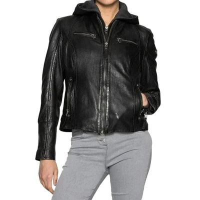 Women's Black Café Racer Jacket with Removable Hood